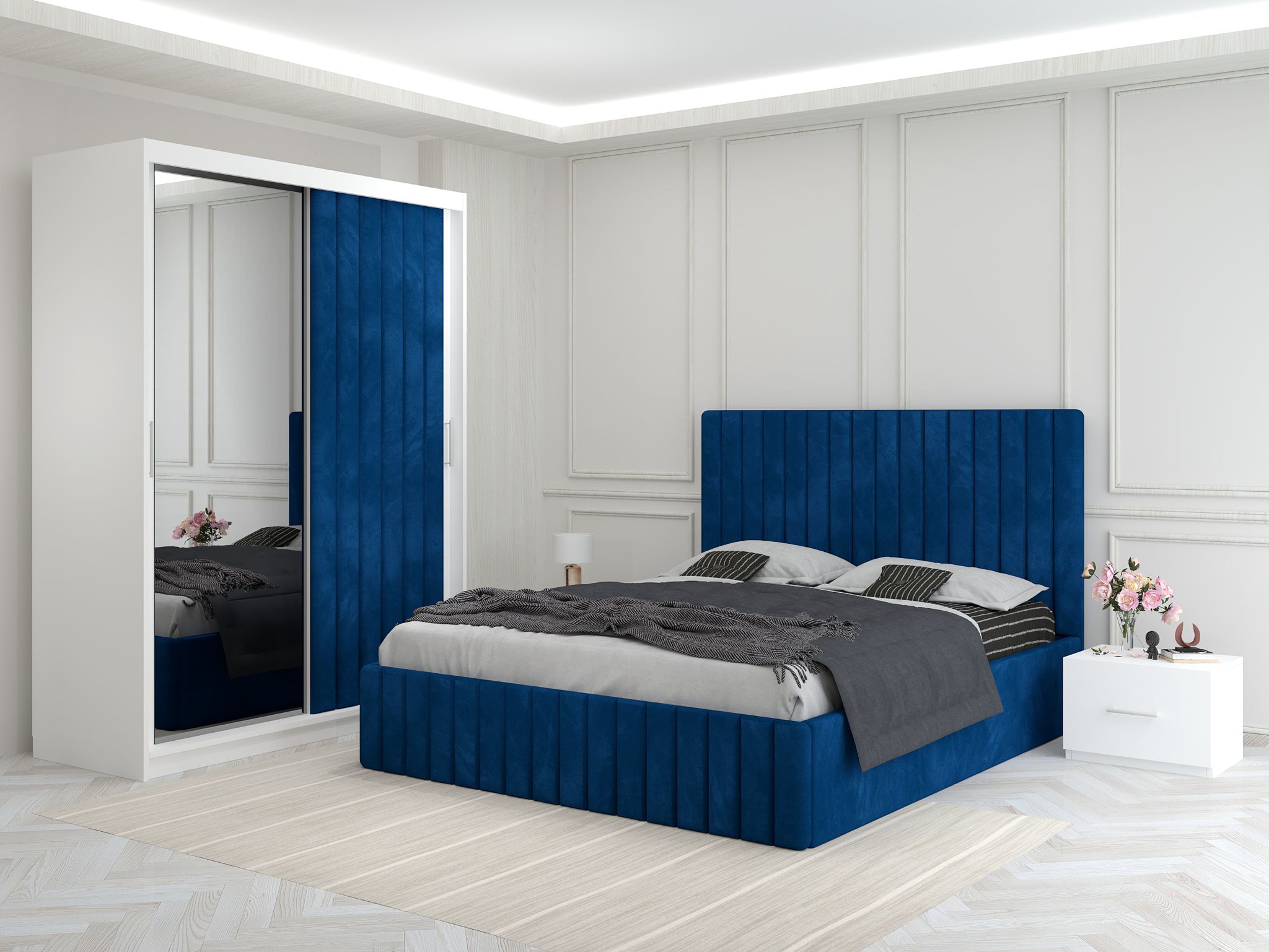 Dormitor Melania Albastru cu Dressing Tapitat