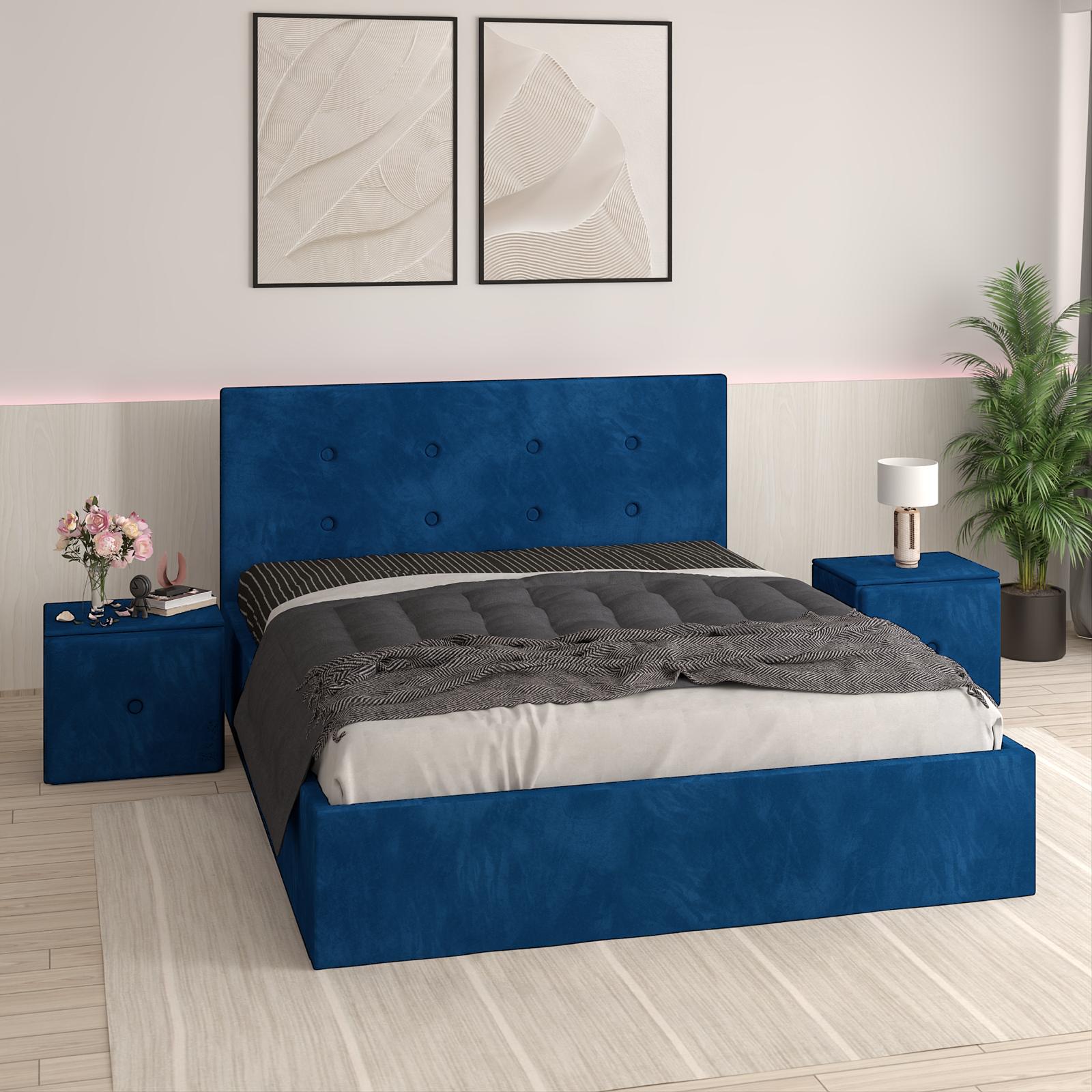 Pat Tapitat Adrian Albastru Catifea Premium Cu Noptiere Tapitate