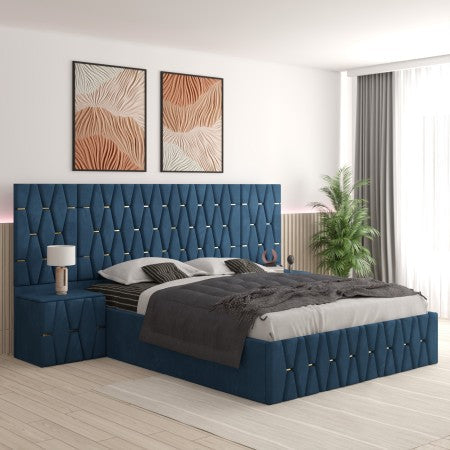 Pat Tapitat ANA Albastru Cu Extensii Si Noptiere Tapitate