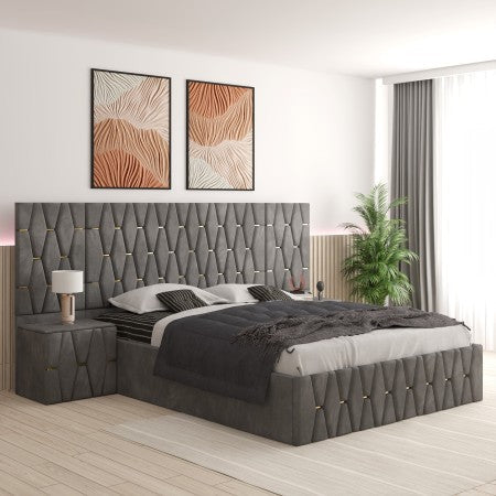 Pat Tapitat ANA Gri Cu Extensii Si Noptiere Tapitate