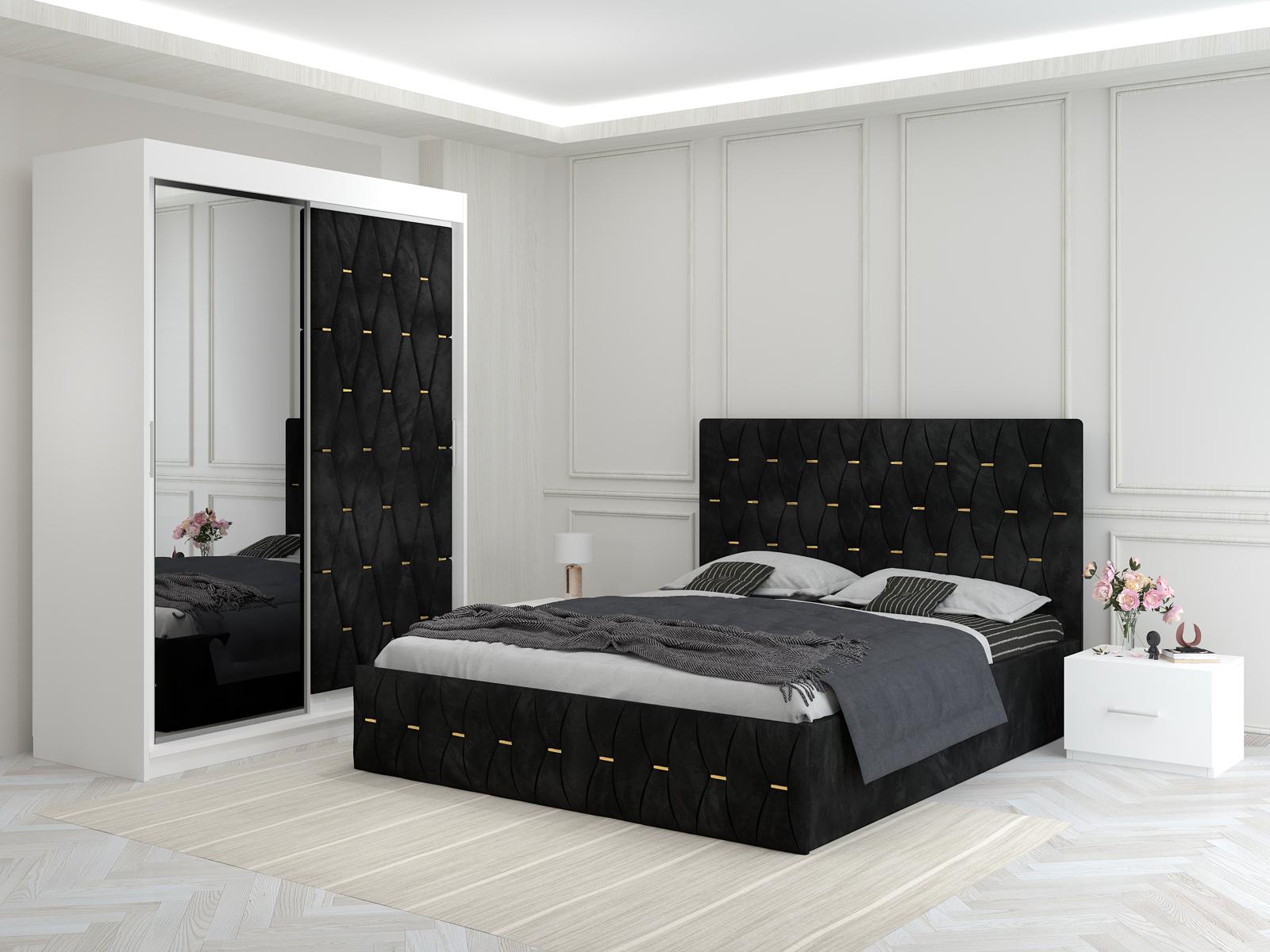 Dormitor Ana Negru cu Dressing Tapitat si 2 Noptiere