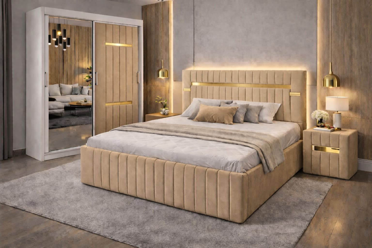 Dormitor Velvet Bej cu Dressing Tapitat