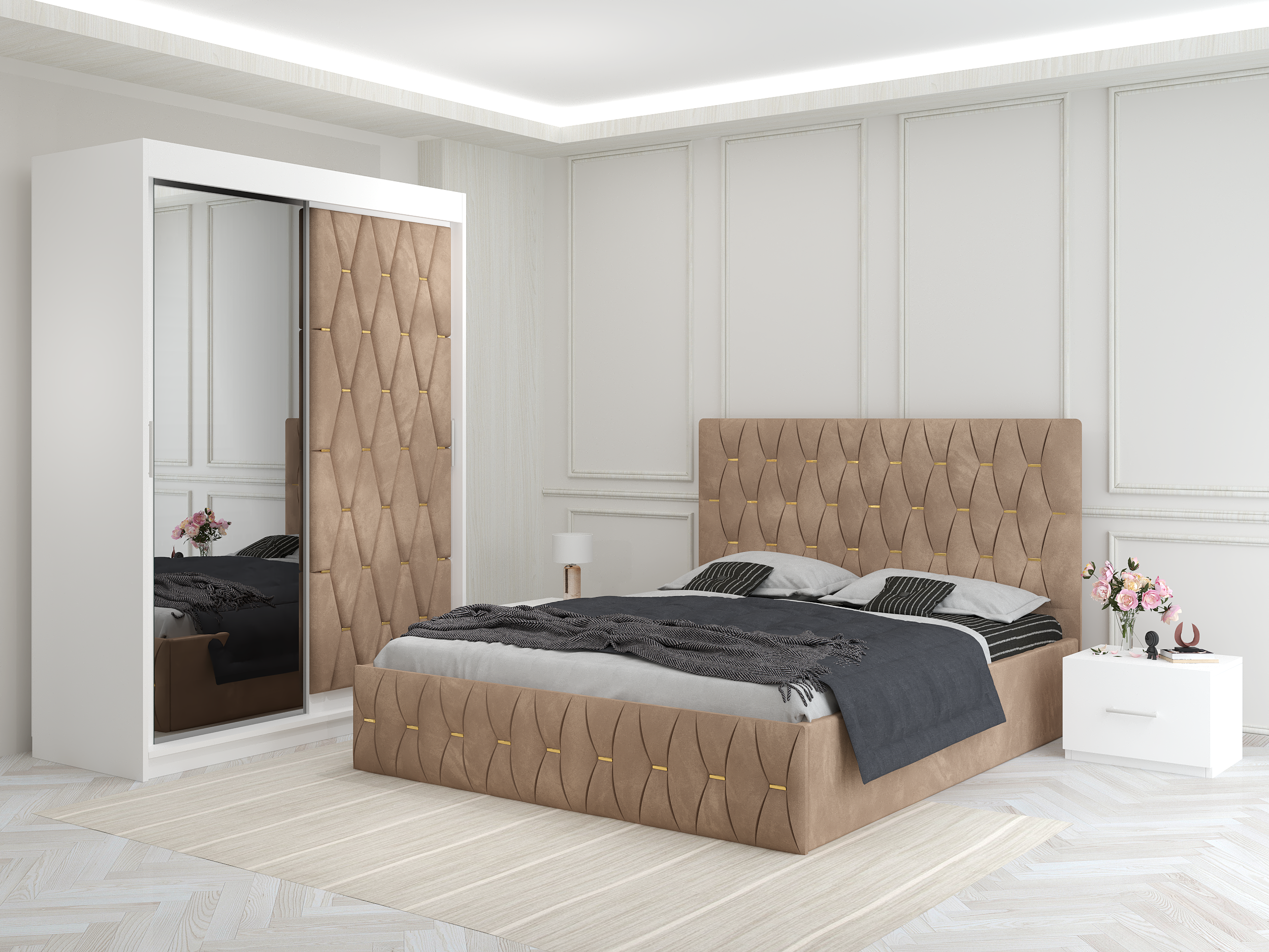 Dormitor Ana Crem cu Dressing Tapitat si 2 Noptiere