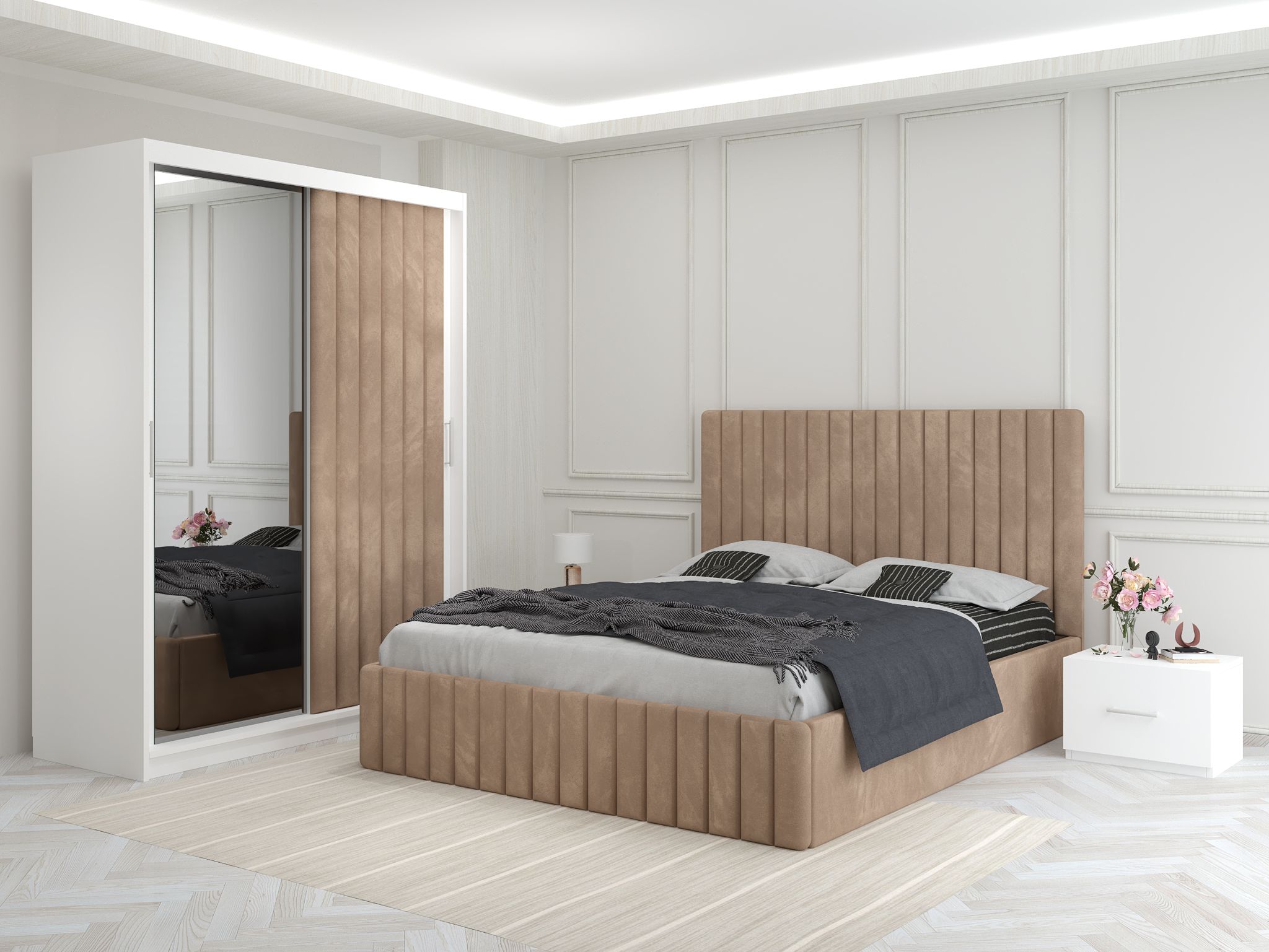 Dormitor Melania Crem cu Dressing Tapitat