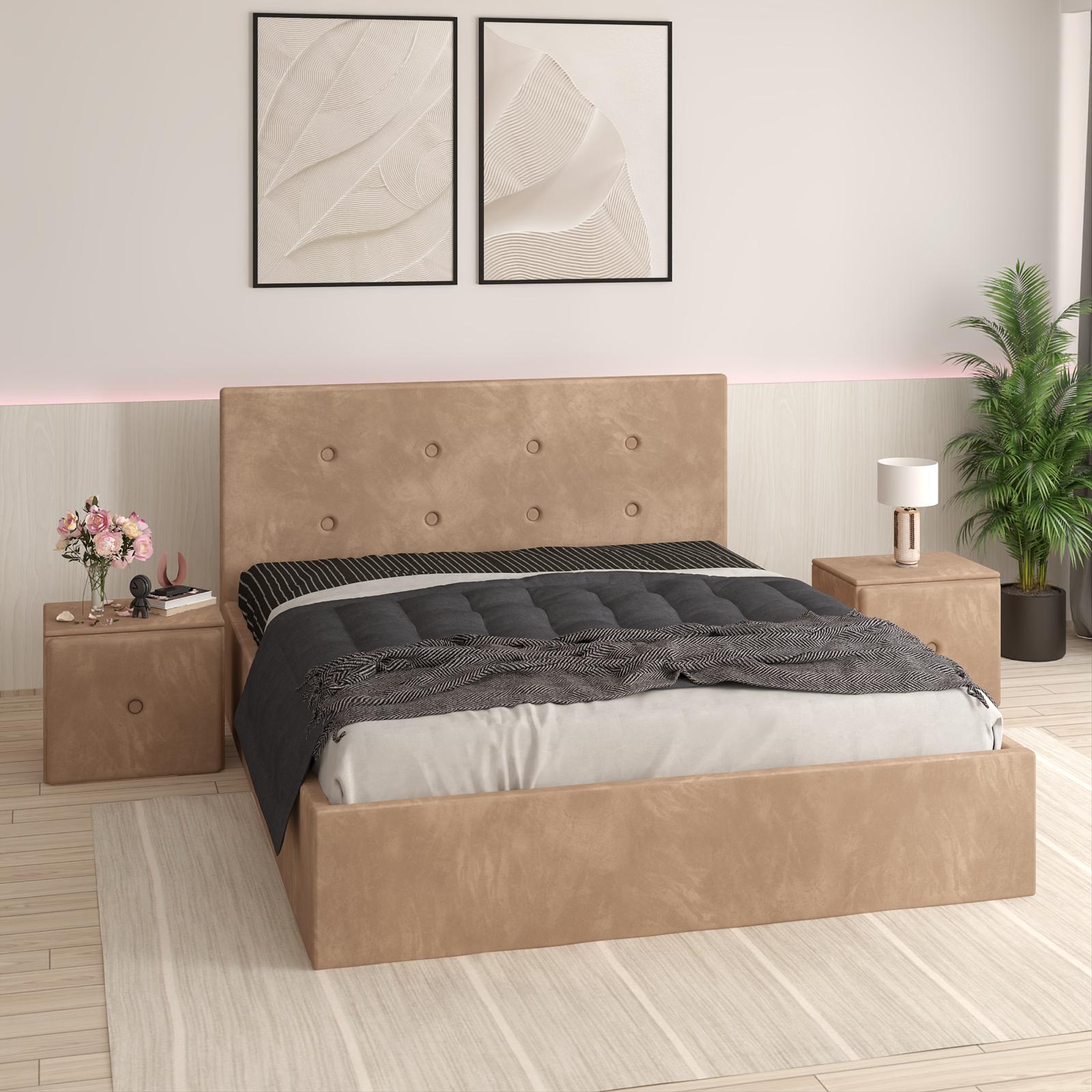 Pat Tapitat Adrian Crem Catifea Premium Cu Noptiere Tapitate