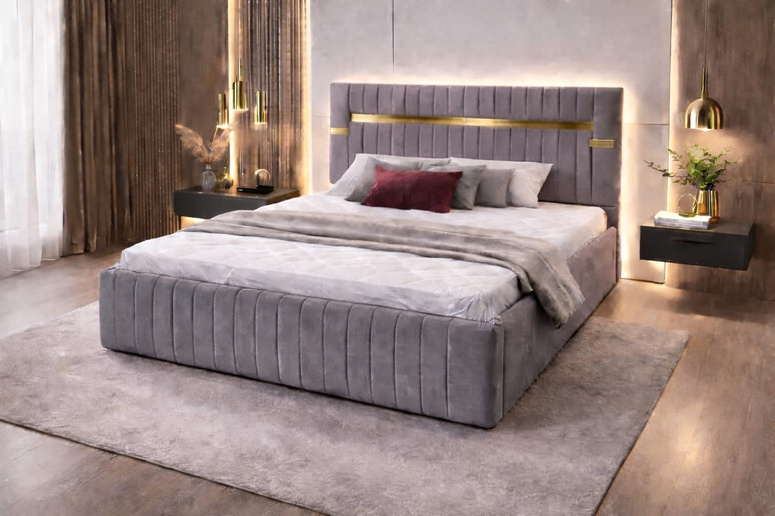 Pat Tapitat Velvet Gri Catifea Premium Cu Oglinda Aurie