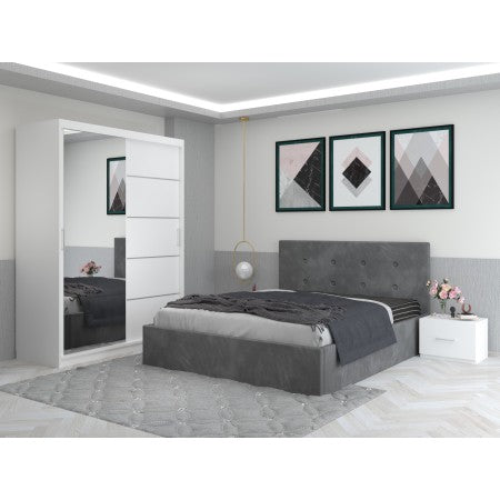 Dormitor Aris Gri cu Dressing 150 si Pat Tapitat Cu 2 Noptiere