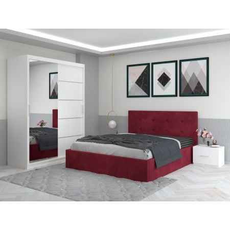 Dormitor Aris Visiniu cu Dressing 150 si Pat Tapitat Cu 2 Noptiere