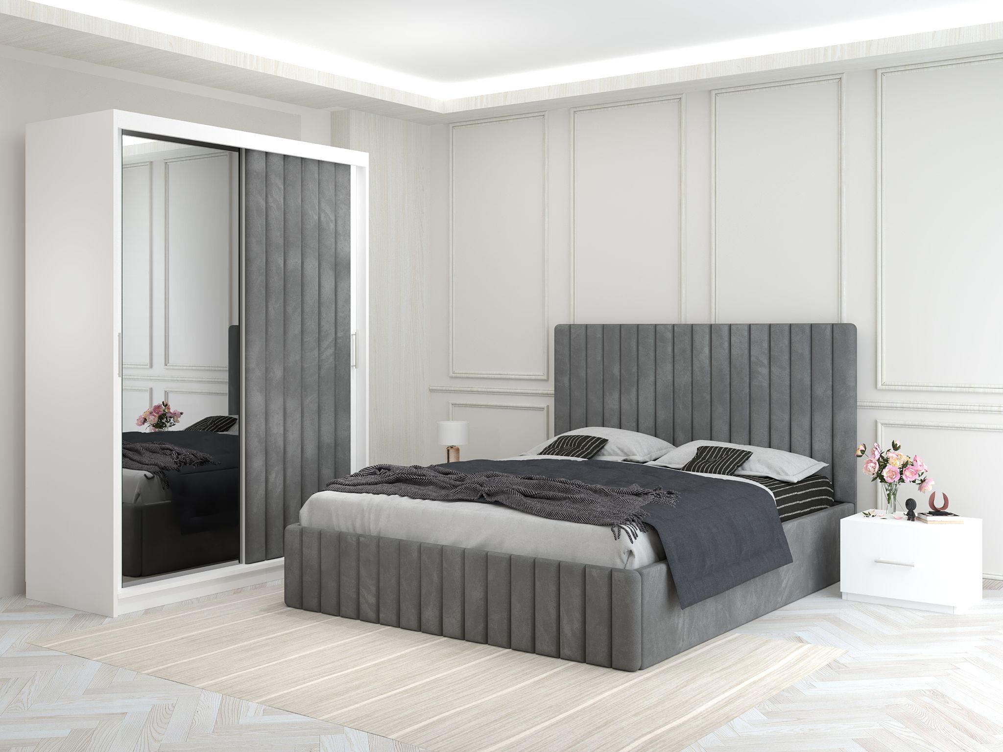 Dormitor Melania Gri cu Dressing Tapitat