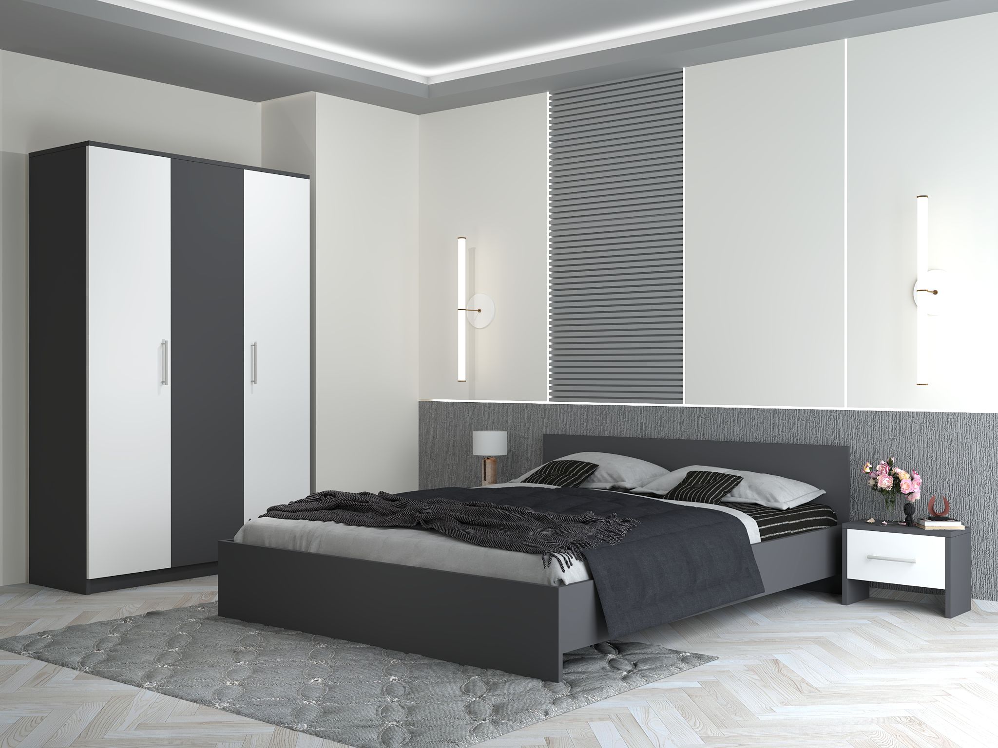 Dormitor Eva Gri Sifonier si pat cu 2 noptiere