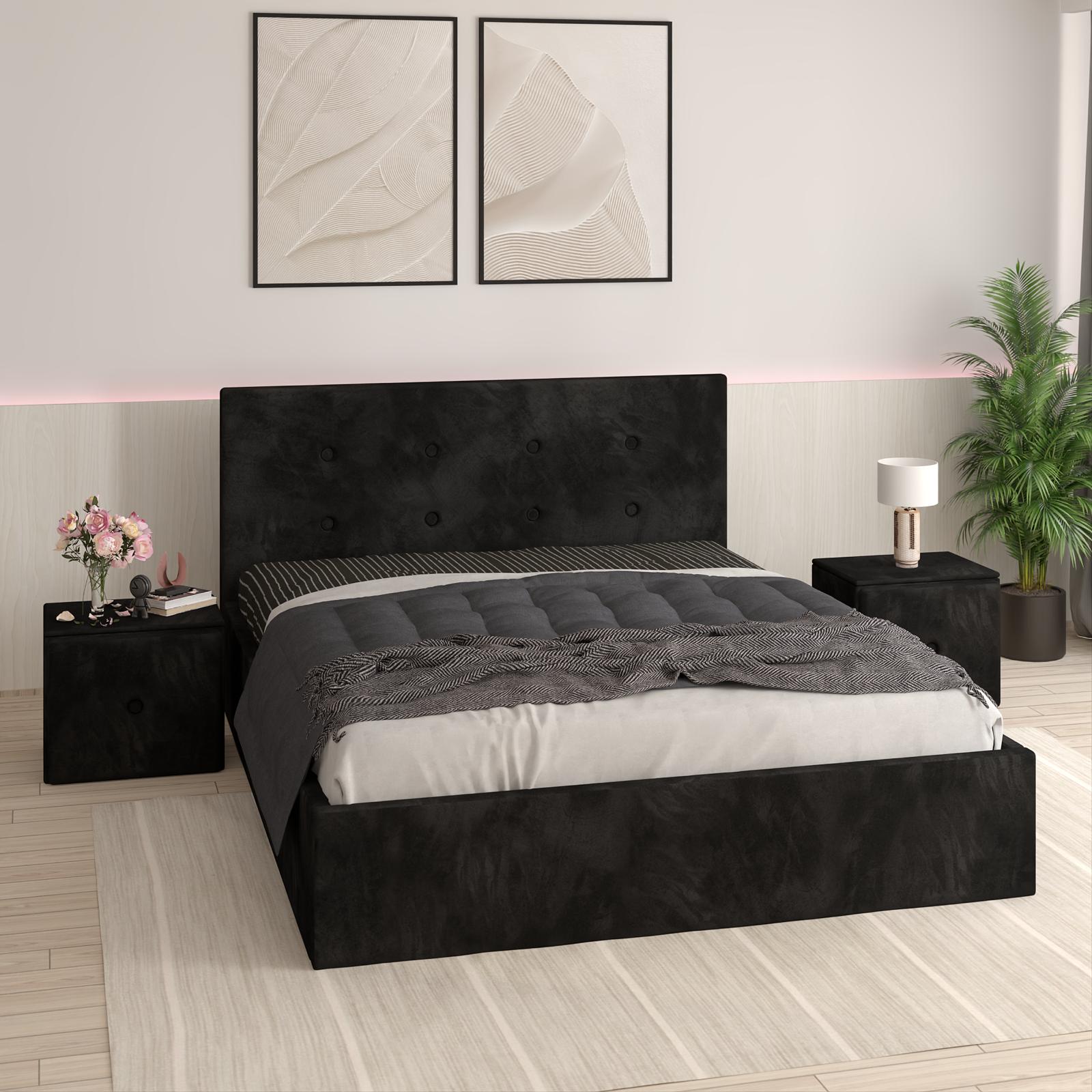 Pat Tapitat Adrian Negru Catifea Premium cu Noptiere Tapitate