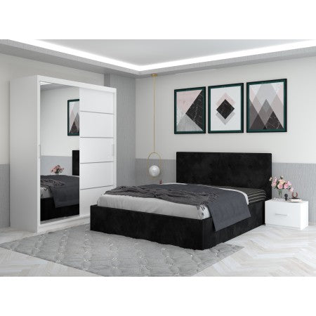 Dormitor Aris Negru cu Dressing 150 si Pat Tapitat Cu 2 Noptiere