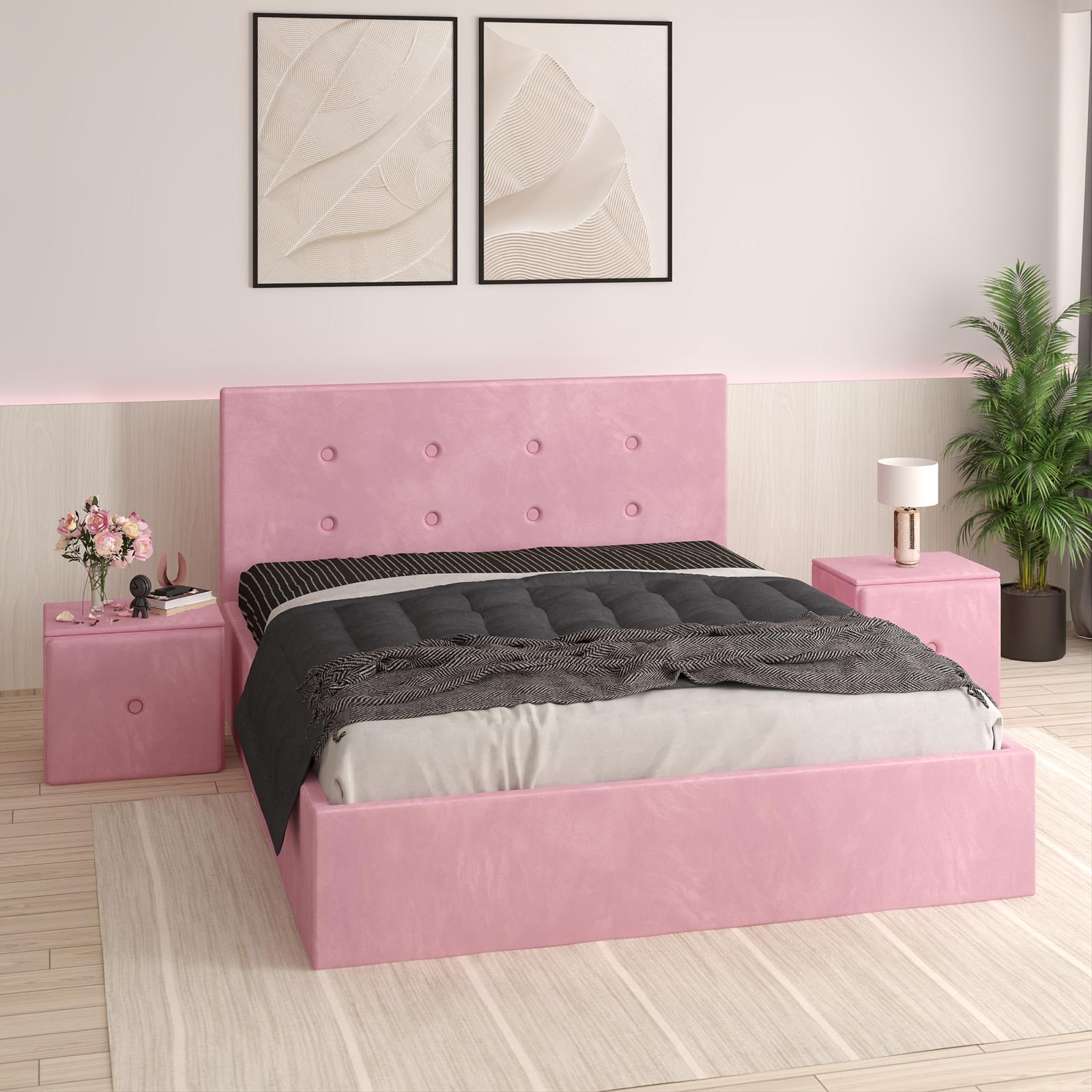 Pat Tapitat Adrian Roz Catifea Premium cu Noptiere Tapitate