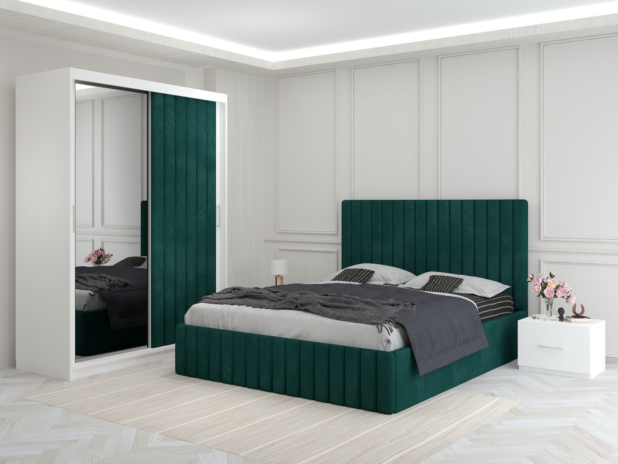 Dormitor Melania Verde cu Dressing Tapitat