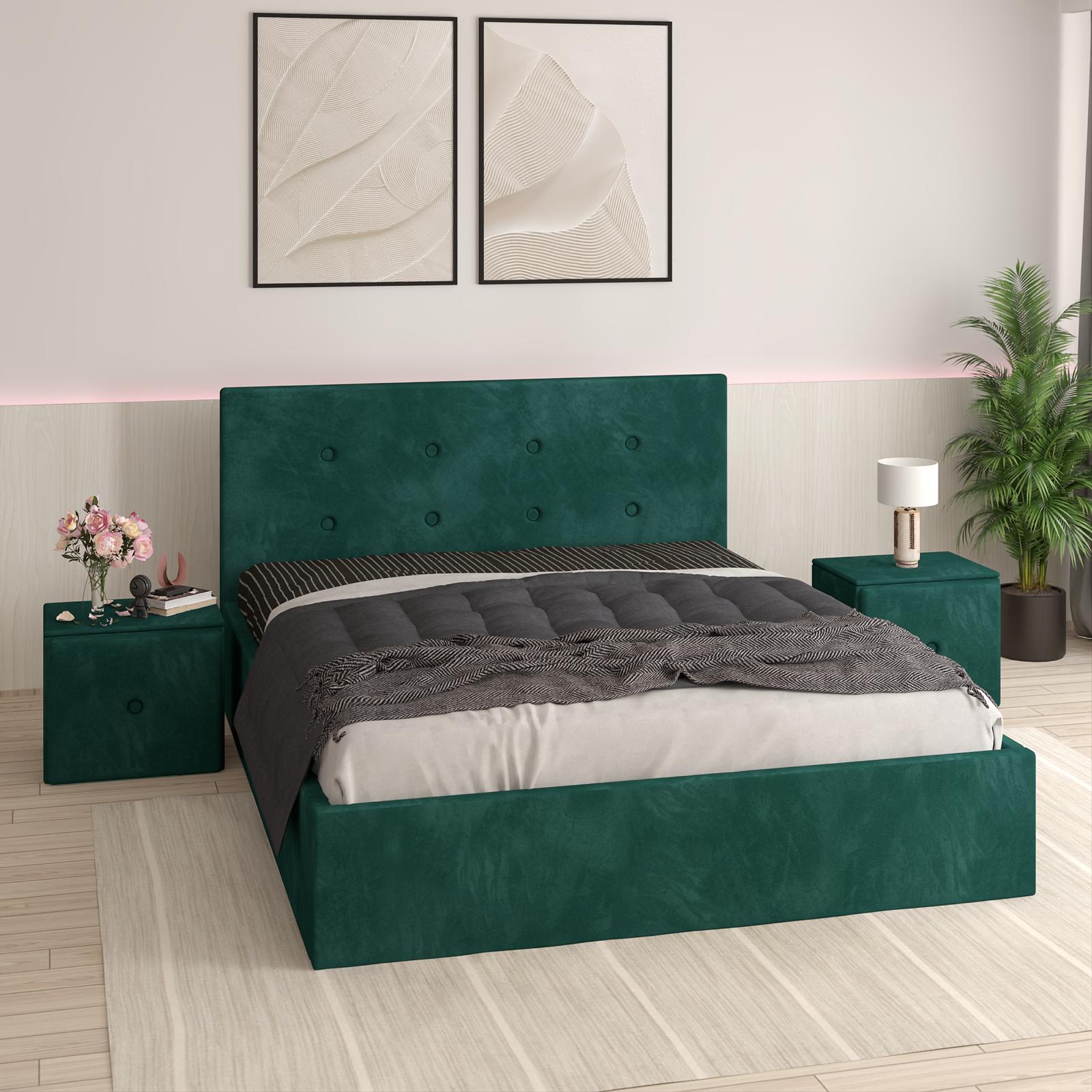 Pat Tapitat Adrian Verde Catifea Premium cu Noptiere Tapitate