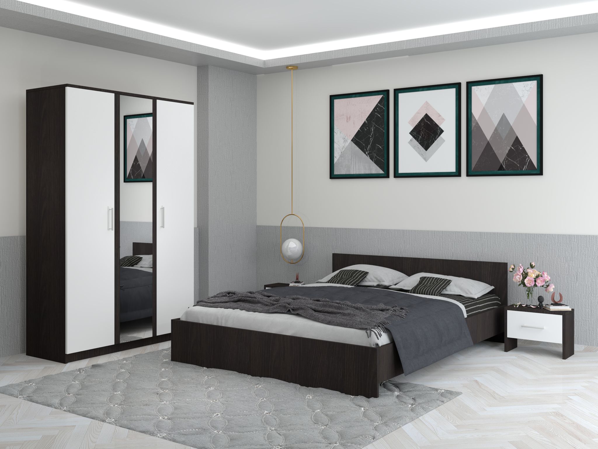 Dormitor Eva Wenge Sifonier cu Oglinda si Pat cu 2 Noptiere