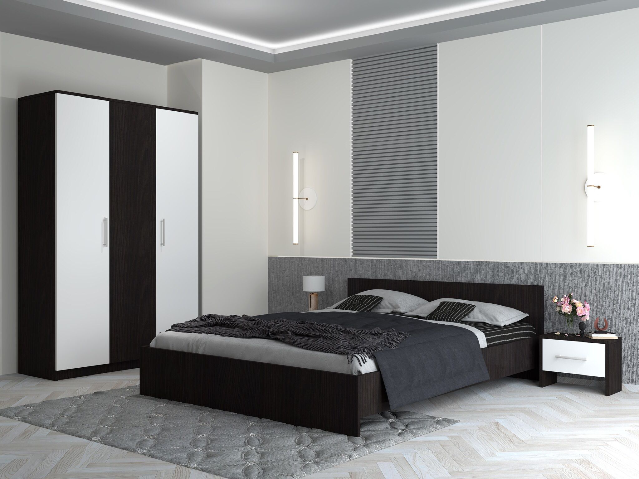 Dormitor Eva Wenge Sifonier si pat cu 2 noptiere